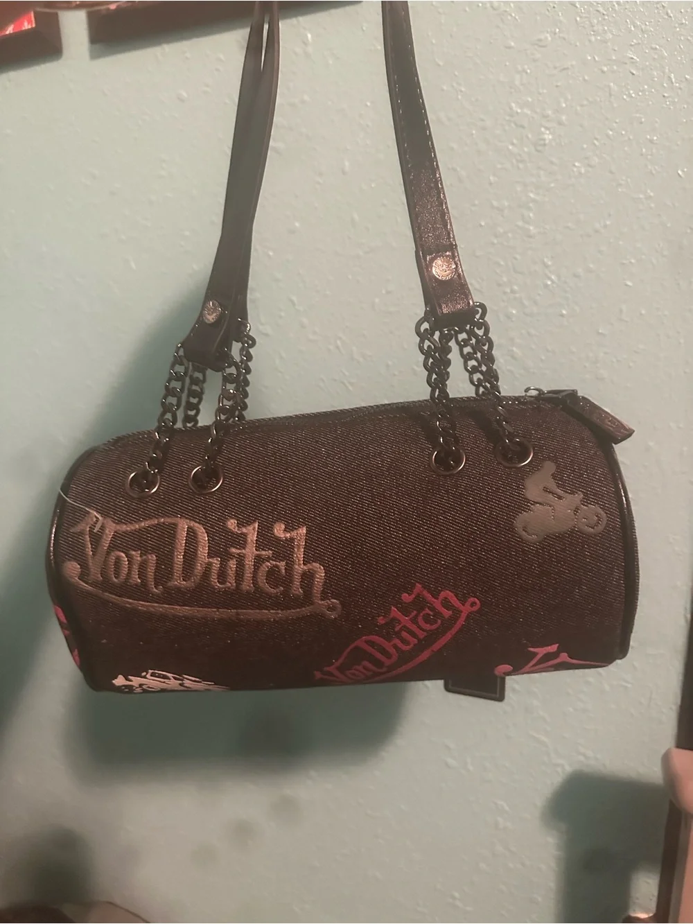 Von Dutch Round Mini Crossbody in Brown with Pink Logo